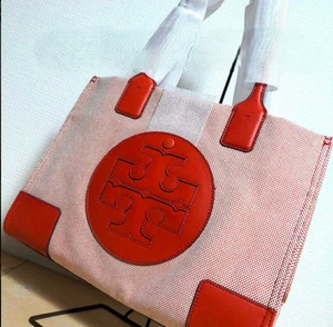 TORY BURCH ladies handbags canvas x leather Red orange with logo From Japan - Picture 1 of 12