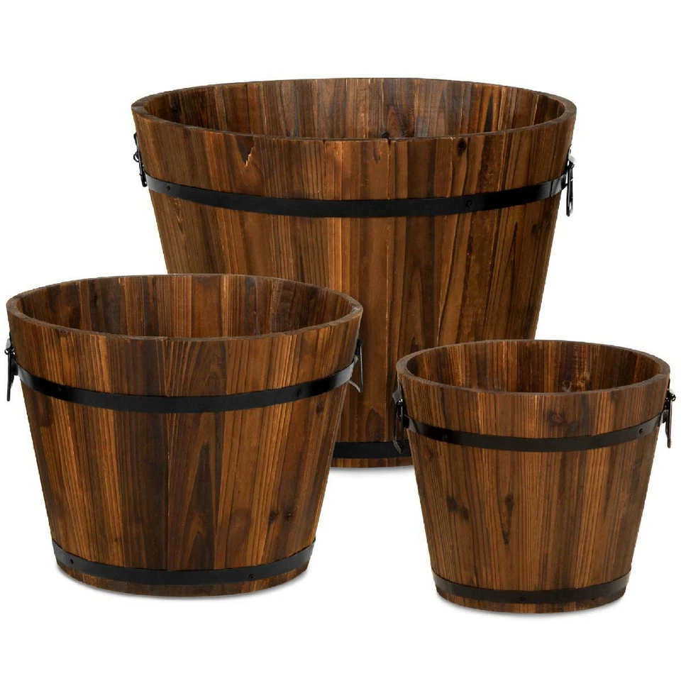 3 Rustic Wooden Barrel Bucket Wood Garden Planting Planter Patio Flower Pot Soil - Image 1 of 4
