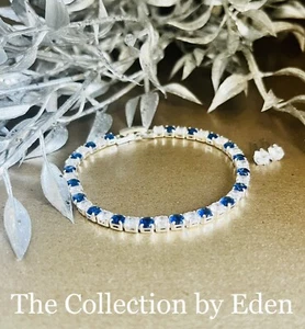 Macy's Bracelet & Earrings- Silver & Blue Sapphire Cubic Zirconia Tennis & Studs - Picture 1 of 3
