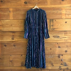 S - Vestido Farm Rio Negro Metálico Lúrex Rayas Manga Larga 1114LH - Imagen 1 de 4