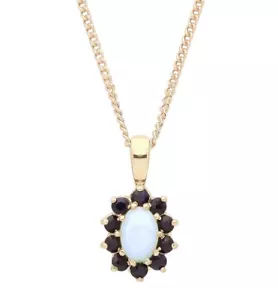 9ct Gold Natural Opal & Sapphire Cluster Pendant NECKLACE 18" Chain Solid 9K NEW - Picture 1 of 6