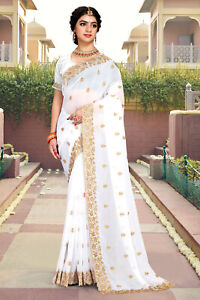 Designer White Heavy Zari Embroidery Stone Work Sari Georgette Party Wear Saree