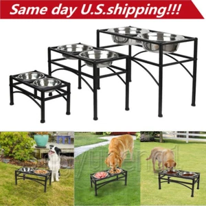 Elevated Raised Stainless Steel Feeder Dog Double Bowl Food Water Pet Dish Diner - Picture 1 of 13