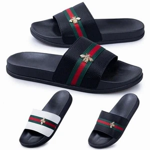 UK LADIES WOMENS FLAT STRIPED SLIDES SLIDERS SANDALS SUMMER MULES SLIPPERS SHOES - Picture 1 of 11