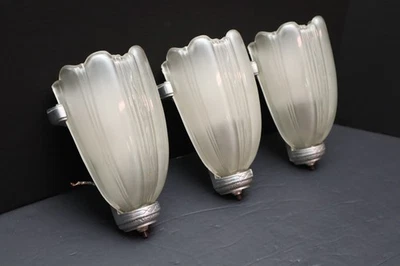 SET 3 Antique Art Deco Slip Shade Wall Sconce Streamline Movie Theater Frosted - Image 1 of 4