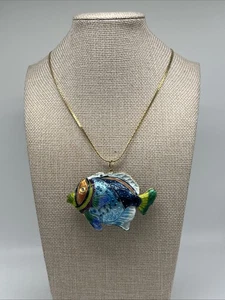 Vintage Estate Find Gold Toned Cloisonné Fish Statement Necklace 23” - Picture 1 of 6