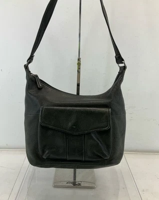 Bolso de hombro Fossil de cuero granulado verde oscuro con cremallera y broche de varios compartimentos Foto 1 de 4