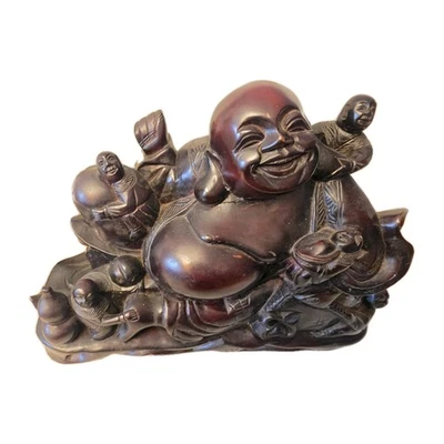 Figura de madera tallada de Buda sonriente chino de colección con niños  Foto 1 de 4