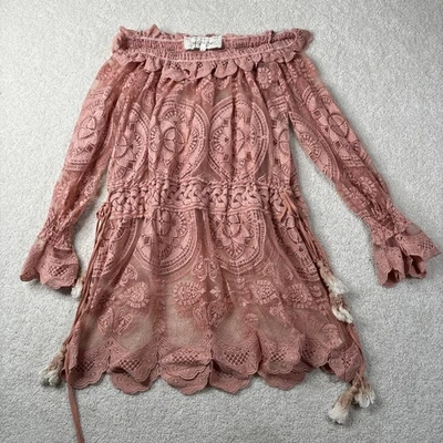 Vestido Botín Pirata Jens Para Mujer Pequeño Rosa Encaje Hombro Descubierto Mini Borla Boho Foto 1 de 4