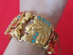 Vintage Salvador Teran Marbel Mexico Aztec 18k GF Statement Turquoise Bracelet - Picture 1 of 9