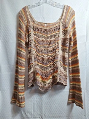 FREE PEOPLE Phoenix Open Knit Silk Blend Crochet Top Sz S Multi Boho Bell Sleeve - Image 1 of 4