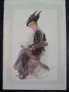 Ladies Black Winged Victorian Hat Bentwood Chair Harrison Fisher 1908 - Picture 1 of 1