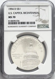 1994 D Capitol Silver Commemorative Dollar NGC MS70 Classic Brown Label - Picture 1 of 2