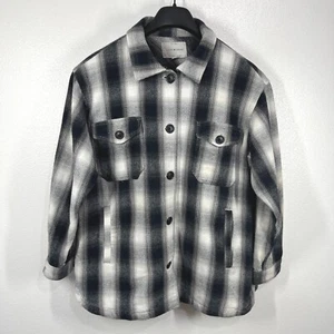 Lucky Brand Plaid Shirt Jacket Cotton Button Front Shacket Black White Large - Picture 1 of 9