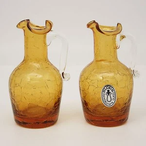 Vtg Set of 2 Pilgrim Glass Handcrafted Amber Crackle Pitcher Vase Ruffle Top - Picture 1 of 10