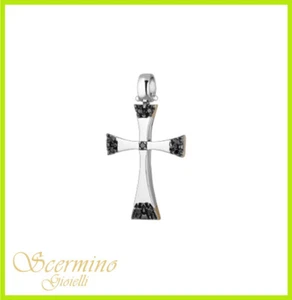 PENDENTE CROCE DA UOMO IN ORO BICOLORE 18K CON DIAMANTI NATURALI 0.10 CARATI - Picture 1 of 4