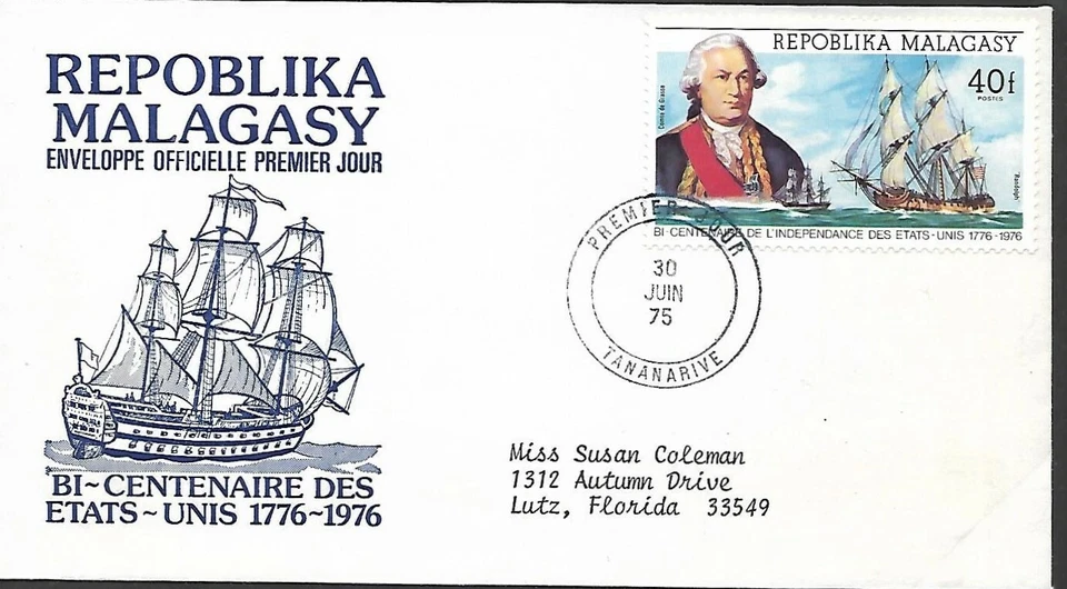 MADAGASCAR MALAGASY 1976 FIRST DAY COVER AMERICAN BICENTENNIAL COUNT DE GRACE - Image 1 of 1
