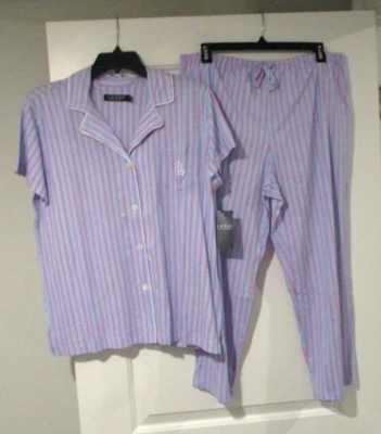 Lauren Ralph Lauren Mujer Clásico Lujoso Suave Pijama XL Azul/Rojo Rayas Foto 1 de 4