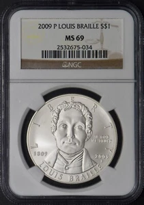 2009-P Louis Braille Commemorative Silver Dollar - NGC MS69 - ✪COINGIANTS✪ - Picture 1 of 2