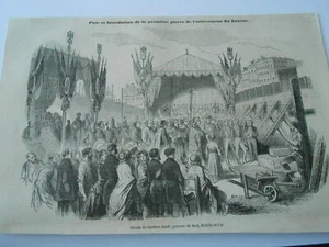 Gravure 1852 - Pose et bénédiction de la 1ere pierre de l'achèvement du Louvre - Foto 1 di 1