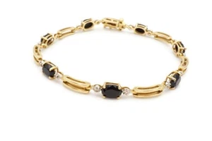 10k Yellow Gold Black Onyx Diamond Tennis Bracelet 7.25" - Picture 1 of 12