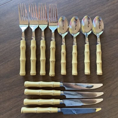 Cuchillos cubiertos de acero inoxidable amarillo bambú Hampton Silversmiths tenedores cucharas 12 piezas Foto 1 de 2