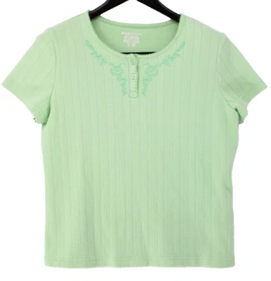 Basic Editions Top Women's Size L Green Ribbed Short Sleeve Embroidered Detail - Image 1 of 4