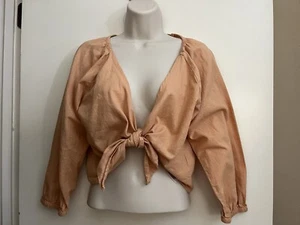 Roxy 3/4 Puff Sleeve Tie Front Top Sz M Linen Cotton Orange - Picture 1 of 8