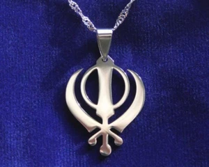 Khanda Edelstahl Anhänger Halskette & Geschenkbeutel, Sikh Sikhismus Silber Metall - Bild 1 von 3
