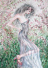 Peinture à l'huile portraits belle jeune fille debout vêtue de tulle au printemps