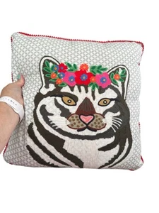Karma Living Boho Bohemian Wild Cat Embroidered Pillow Preowned Eclectic - Picture 1 of 9