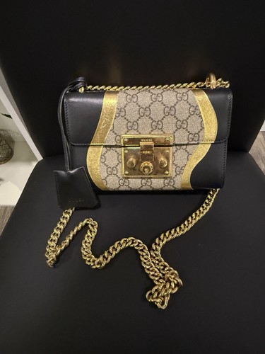 GUCCI Supreme PVC Monogram Pelle di Vitello Nero e Oro Lucchetto Catena Tracolla