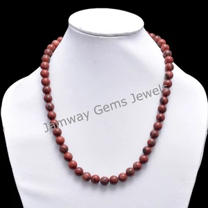 Natural Red Jasper Beaded Necklace, Smooth Round Ball Beads, Red Gemstone - Picture 1 of 3