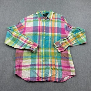 Vintage Lauren Ralph Lauren Shirt Womens Large Pastel Plaid 100% Linen Hong Kong - Picture 1 of 11