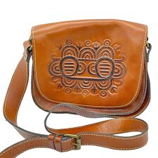 Patricia Nash Brown Tooled Leather Flap Front Western Saddle Crossbody Bag Purse