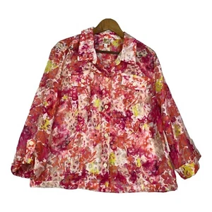 JM Collection Womens Top Sheer Floral Button Down 3/4 Sleeve Front Pockets 16 - Picture 1 of 14