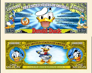 Donald! Banconota Million Dollaro US! Collezione Disegno Disney Duck Mickey IN - Foto 1 di 1