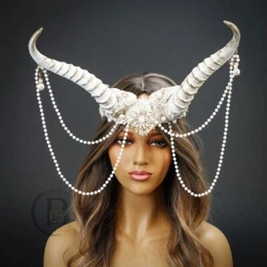 Fairy Ram Horn Mask Cosplay Masquerade Masks Fairy Ram Headdress Headpiece White - Picture 1 of 8