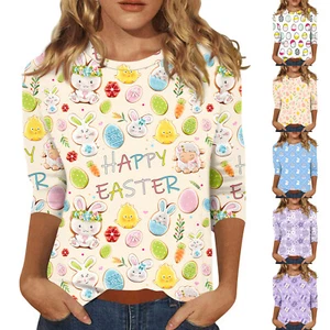 Women's Easter Casual Tops Basic Printed Plus Size Fashion 3/4 Sleeve Pullover - Picture 1 of 30