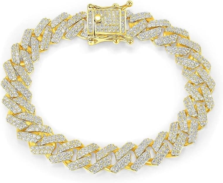 Brazalete Cubano Diamante Simulado Redondo Hombre 8.5" Latón Chapado en Oro Amarillo 14K Foto 1 de 4