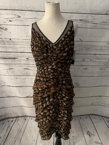 NWT Adrianna Papell Cocktail Dress Sz 4 Animal Print Tiered Black Slvless Mesh T - Picture 1 of 9