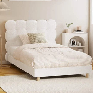 Oikiture Bed Frame King Single Tufted Bedhead Boucle Fabric White - Picture 1 of 7