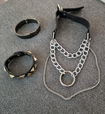 "Brazalete gargantilla gótica 3 piezas plata 14-17"" hebilla, punk pico y cierre negro" Foto 1 de 4