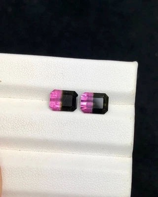 Natural Bi Color Tourmaline Pair, Emerald Cut, Hand Faceted - Image 1 of 2