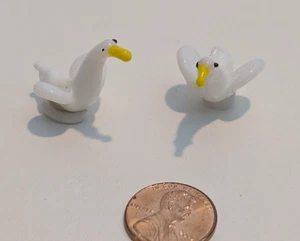 Vintage 70er Jahre Miniatur Glas Figur 2er Set Enten Gänse weiß, gelb & schwarz - Bild 1 von 5