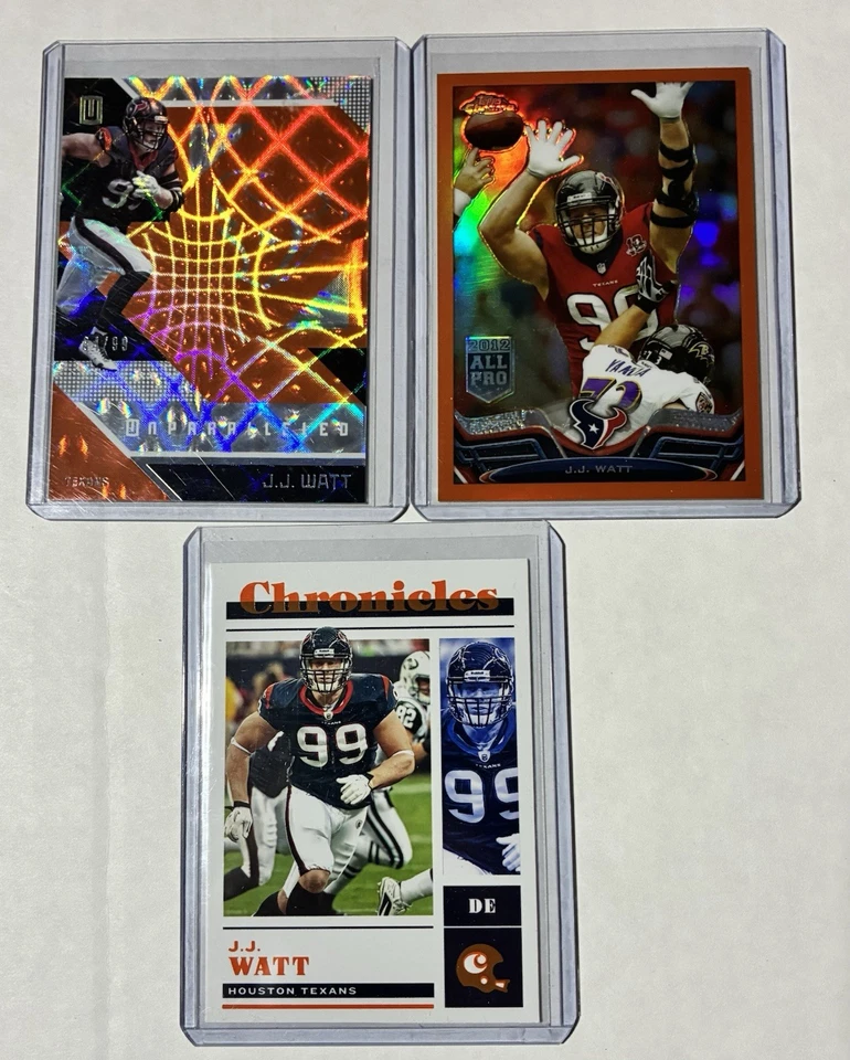 Lote de 3 tarjetas de fútbol americano JJ Watt/99 Topps numerados cromados Houston Texans HOF naranja  Foto 1 de 2
