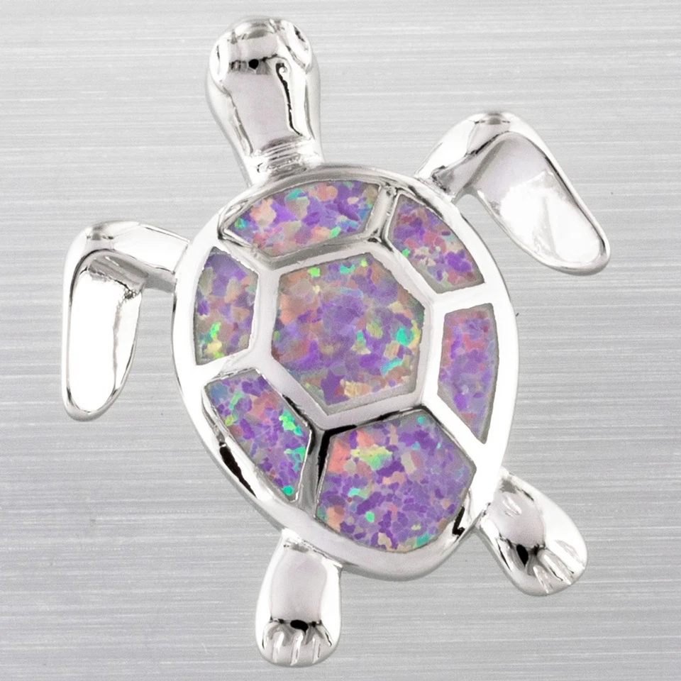 Collar colgante de plata de ópalo de fuego púrpura lavanda tortuga marina verde Foto 1 de 4