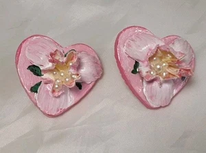 Earring Heart 3D Flower Pink White Seed Bead Center Handmade Pierce Mother's Day - Picture 1 of 12