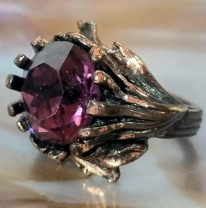 Vintage Brutalist Bronze Ring Purple Stone Size O Mid Century Modern - Bild 1 von 5