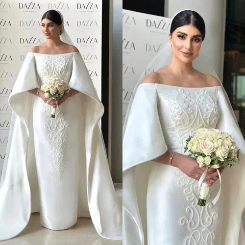 Satin Wedding Dresses With Cape Mermaid White Ivory Off Shoulder Bridal Gowns - Image 1 of 1